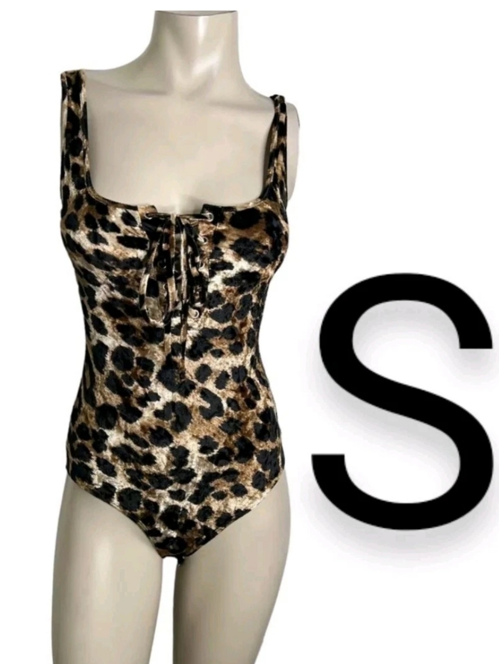 🆕Velvet Leopard Print Lace Up Tank Bodysuit~SIZE S